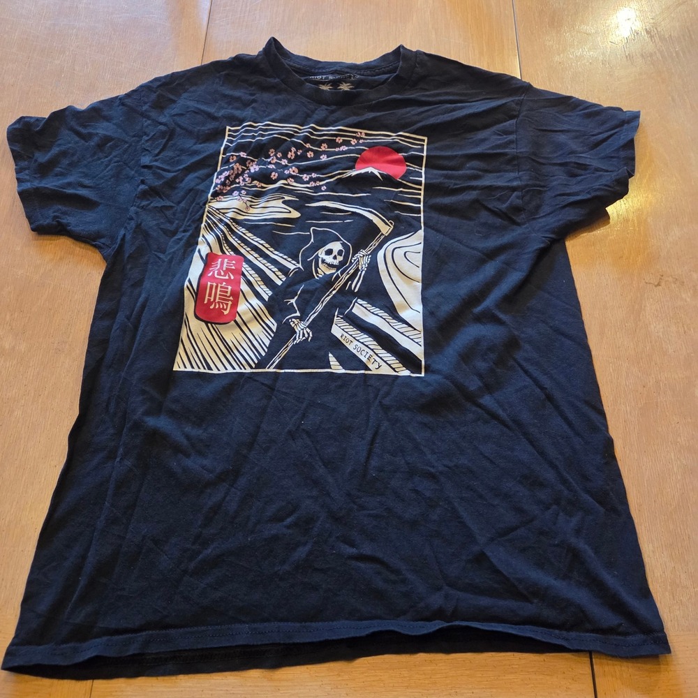 Riot Society Mens Black The Scream Grim Reaper Japanese Graphic T-Shirt Large